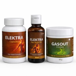 Elektra Pain Relief Kit with capsules, pain relief oil and gasout powder