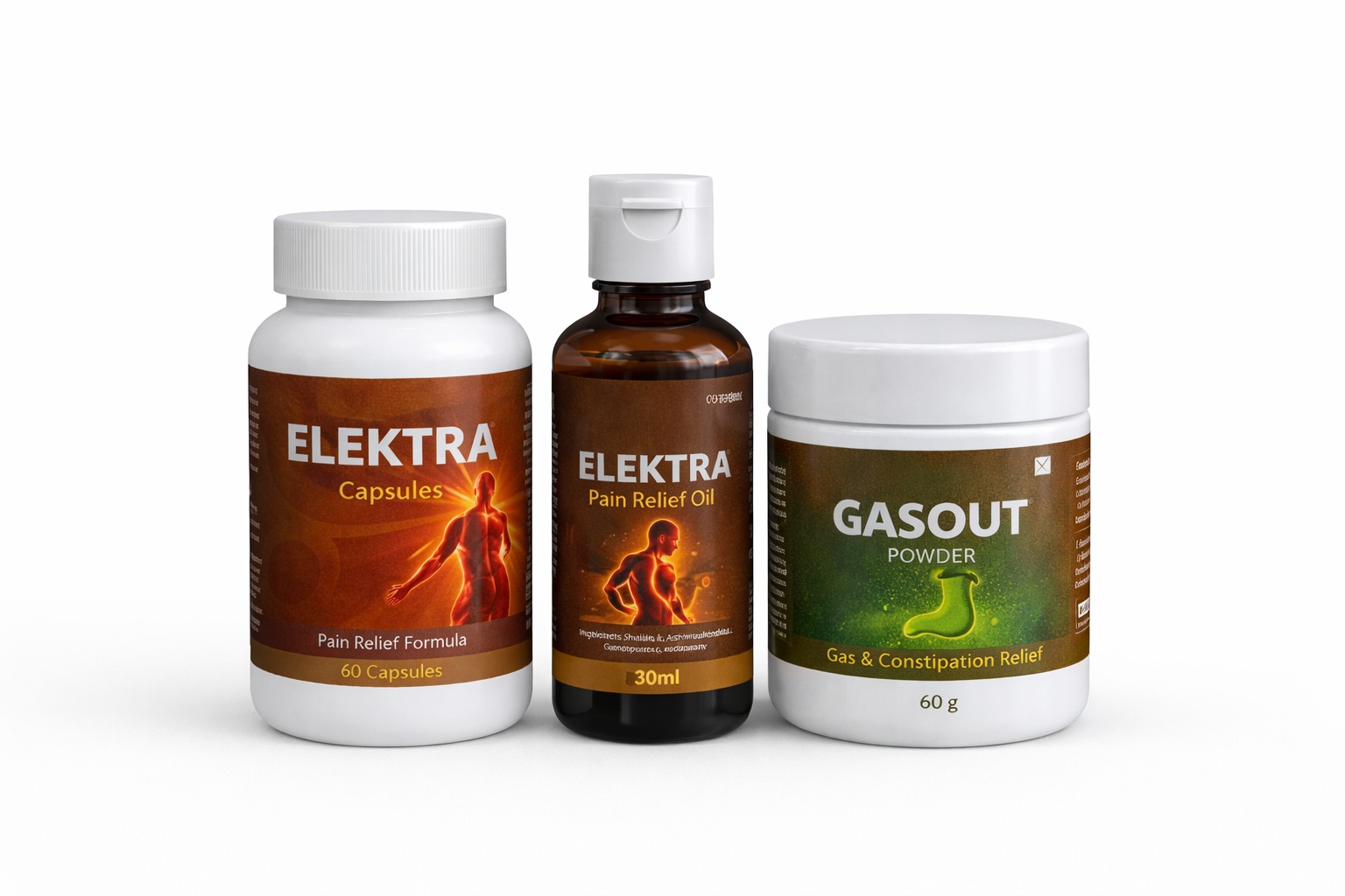 Elektra Pain Relief Kit Elektra Pain Relief Kit with capsules, pain relief oil and gasout powder